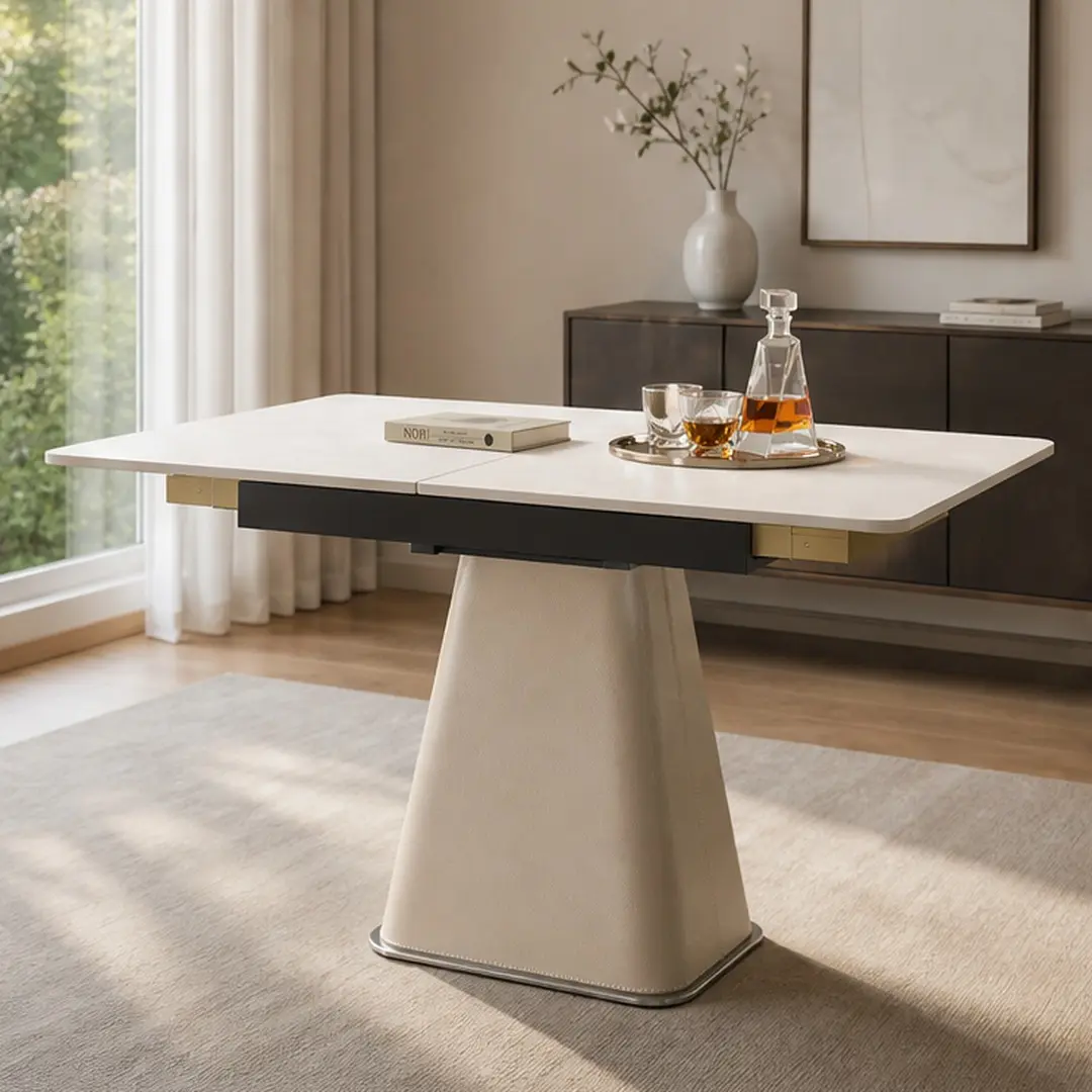 Retractable Rock Slab Folding Dining Table for Small Apartments, Modern Square Expandable Table with Leather-Wrapped Stainless Steel Base, Space Saving Kitchen Table, White Sintered Stone Top, 31.5x47.24x30.6 in, White Color Options
