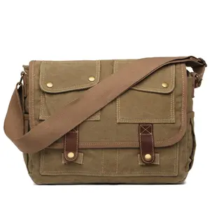 [DEAL OF THE DAY-LIVE ONLY] Ampere Creation Vintage "The Cassy" Leather Trim and Cotton Canvas Crossbody Messenger Bag - Stylish Khaki Canvas with Multiple Pockets - Perfect for Everyday Use