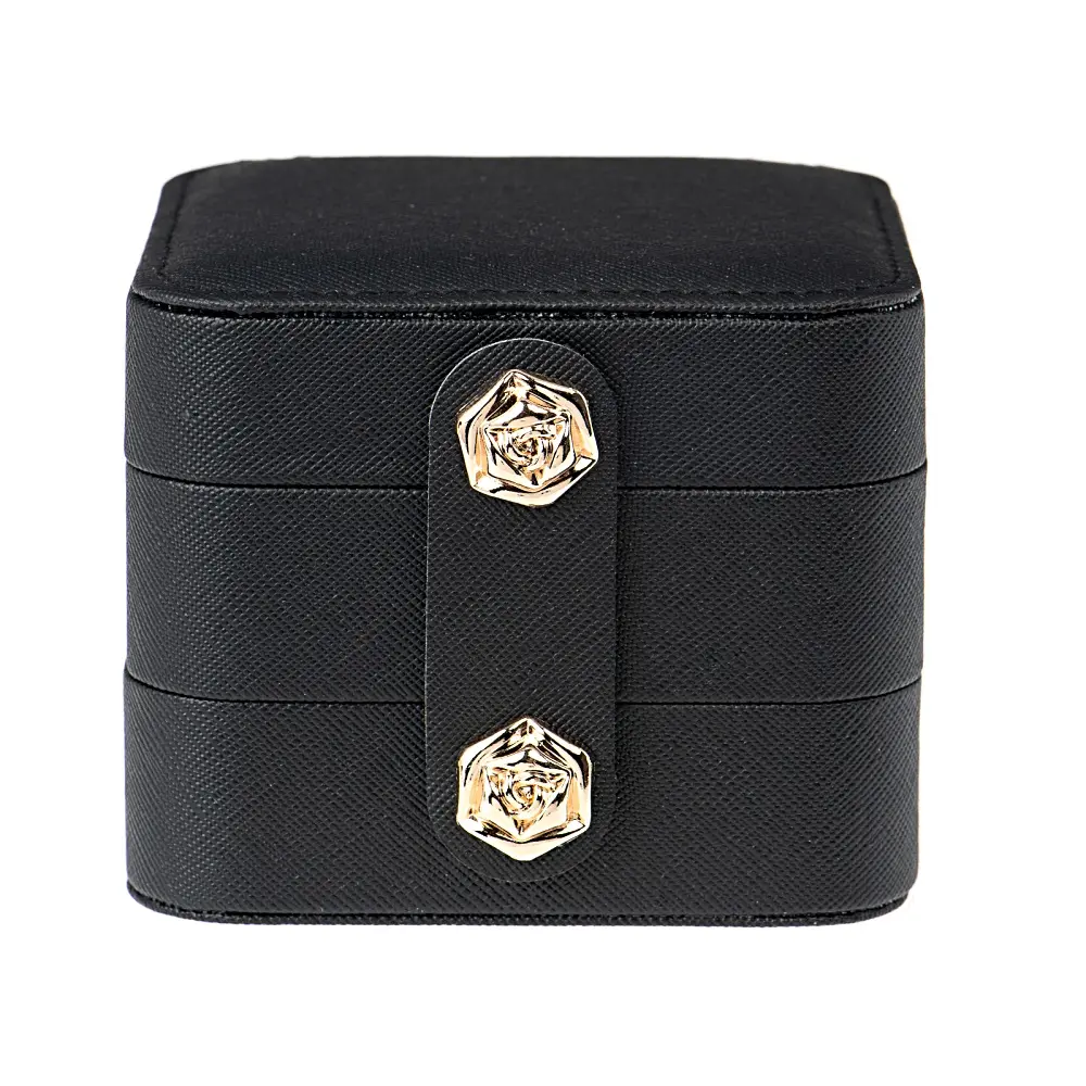 JTV Black 3-Layer Jewelry Organiser with Rose Snap Closure, Home Storage Box (Approx. 3.75x3.75x3.15 in), Layered