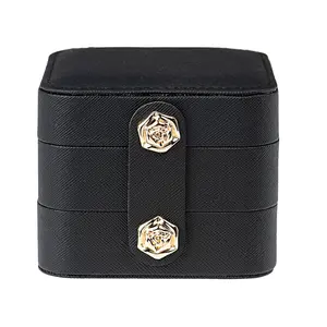 JTV Black 3 Layer Jewelry Box with Rose Snap Closure Approximately 3.75x3.75x3.15"