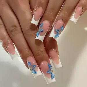 24pcs Clear Nude Base Nails, French Tip, Ice Blue Flowers, Gold Beads, Long Square Tips, Enhance Hand Shape, Fresh and Versatile, Salon Quality Nails