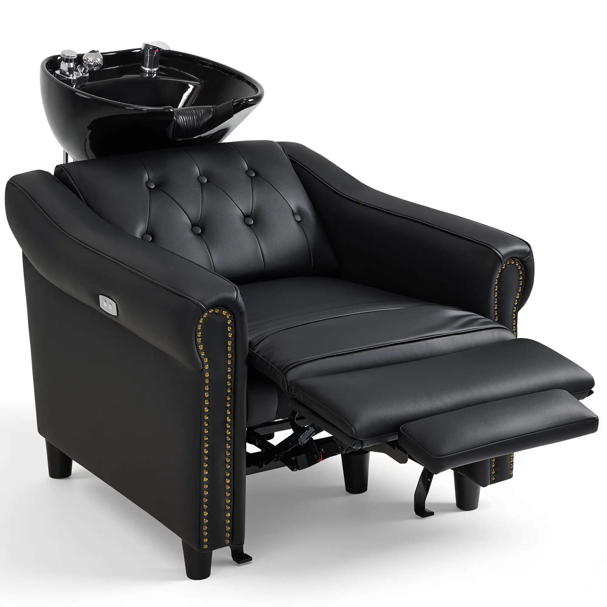 BarberPub Commercial Salon Electric Shampoo Chair with Ceramic Bowl, Reclined Back, 4.8" Extended Footrest, Riveted Edges, 350lb Capacity, UPC-Certified Vacuum Breaker, Plug-and-Play Backwash Station, 9627
