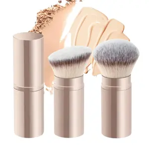 Foundation Brush, Retractable Makeup Brush Set 2 Pieces Face Blush Powder Foundation Makeup Brushes for Liquid Cream and Powder Makeup Travel Makeup Brush Set (Gold)