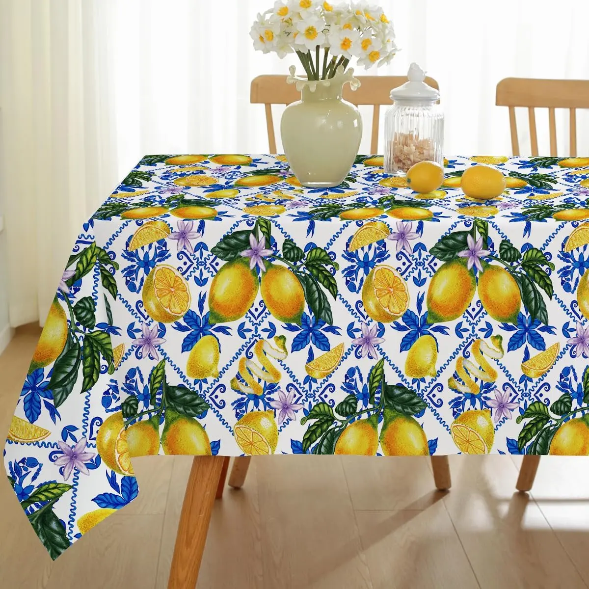 SASTYBALE Summer Lemon Tablecloth Rectangle  Vintage Mediterranean Tile Italian Waterproof Oil Proof Yellow Lemons Table Cloth, Heavy Table Cover for Party, Dining, Indoor, Outdoor, Blue