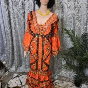 Bazin Dress Elegant African Style for Women 2pcs Set Size L Orange with Black Embroidery