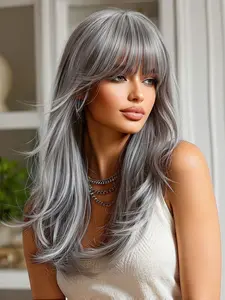 Wig with Bangs, 18 Inch Natural Curly Hair, Suitable for Girls Daily Wear, Festivals, Role Play, Parties, Synthetic Curly Wigs