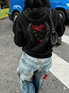 Women's Rose Wing Graphic Print Hooded Long Sleeve Fitted Casual Sweatshirt, Spring Fall Winter, Valentine's Day, New Year, Unisex Hoodie, Y2K Style