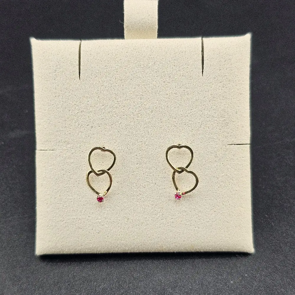 14k Gold Double Heart Earrings with Red Stone, Kenia Collection Fine Jewelry