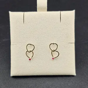 14k Gold Double Heart Earrings with Red Stone, Kenia Collection Fine Jewelry
