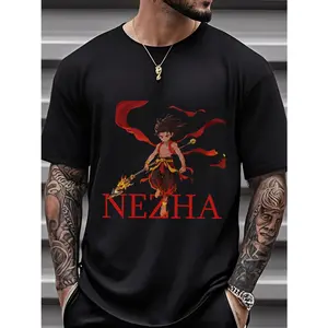 Men'S Nezha Pattern T-Shirt - Mythical Chinese Warrior Print, Fashionable Street Style T-Shirt, Cotton Summer Shirt, Hip Hop Fashion, Casual Anime Inspired Clothingsuitable Holiday Gifts for Valentine'S Day, Easter, And Ulysses Grant Day Unique And Fun P