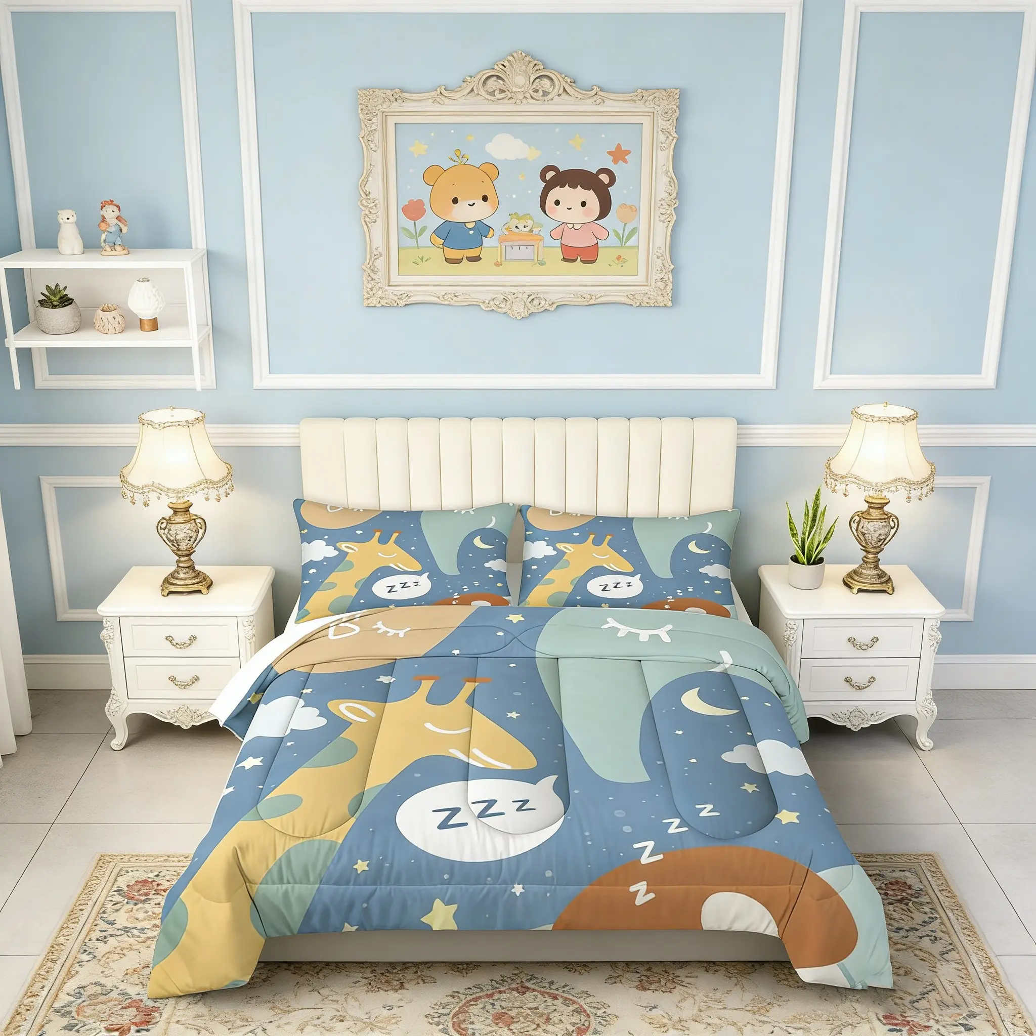3-Piece Giraffe Bedding Set - Includes Sleepy eyed Giraffe Quilt Core and 2 Pillowcases (excluding pillow core), Soft and Breathable Quilted Bedding, Suitable for Bedroom, Machine Washable (Hand Washable Recommended)
