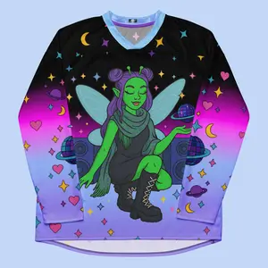 Cosmic Disco Fairy Rave Jersey – Alien Girl Hockey Shirt, Psychedelic Festival Outfit, Vaporwave Y2K Clubwear, Long Sleeve Rave Top