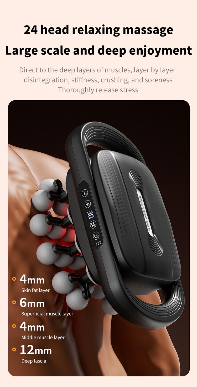 24 fascia guns with 3 modes to adjust 30 levels of massage vibration, used to relieve pain in the back, shoulders, legs, and feet. Equipped with a red light massage gun, it can be used as a gift to adjust daily fitness routines