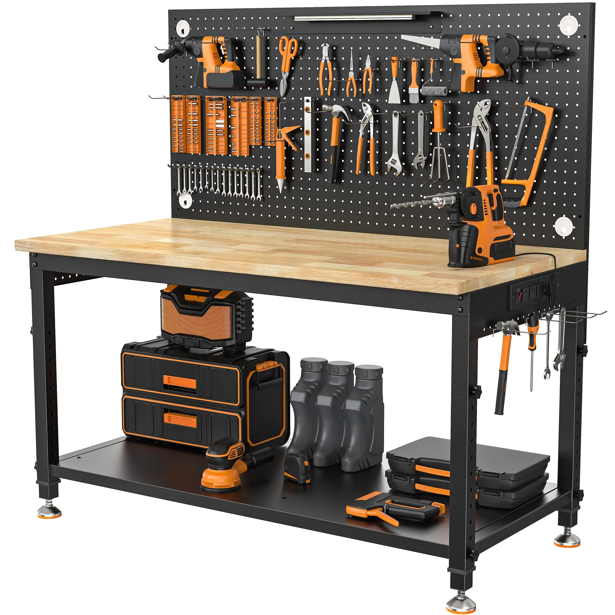 CAMMOO Adjustable Height Heavy-Duty Workbench (48-60 in), Rubberwood Tabletop with Storage Shelf, Pegboard, LED Light, Built-In Power Strip, Tool Storage Rack, Wall Tool Organizer - 2000 LBS Max Load, Ideal for Garages, Woodworking Shops c