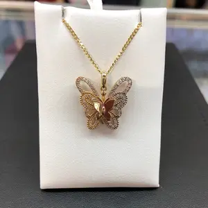 14K Solid Gold Set Chain and Charm. Cuban Chain 18” with Butterfly 3 Tone CZ