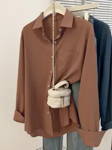 Casual Loose-Fit Long Sleeve Pocket Women's Shirt, Daily Commute Wear, Solid Color Woven Fabric Top for Spring & Fall Seasons