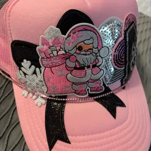 Custom Christmas Trucker Hats with Pink Santa Design and bow with chain for Festive Wear