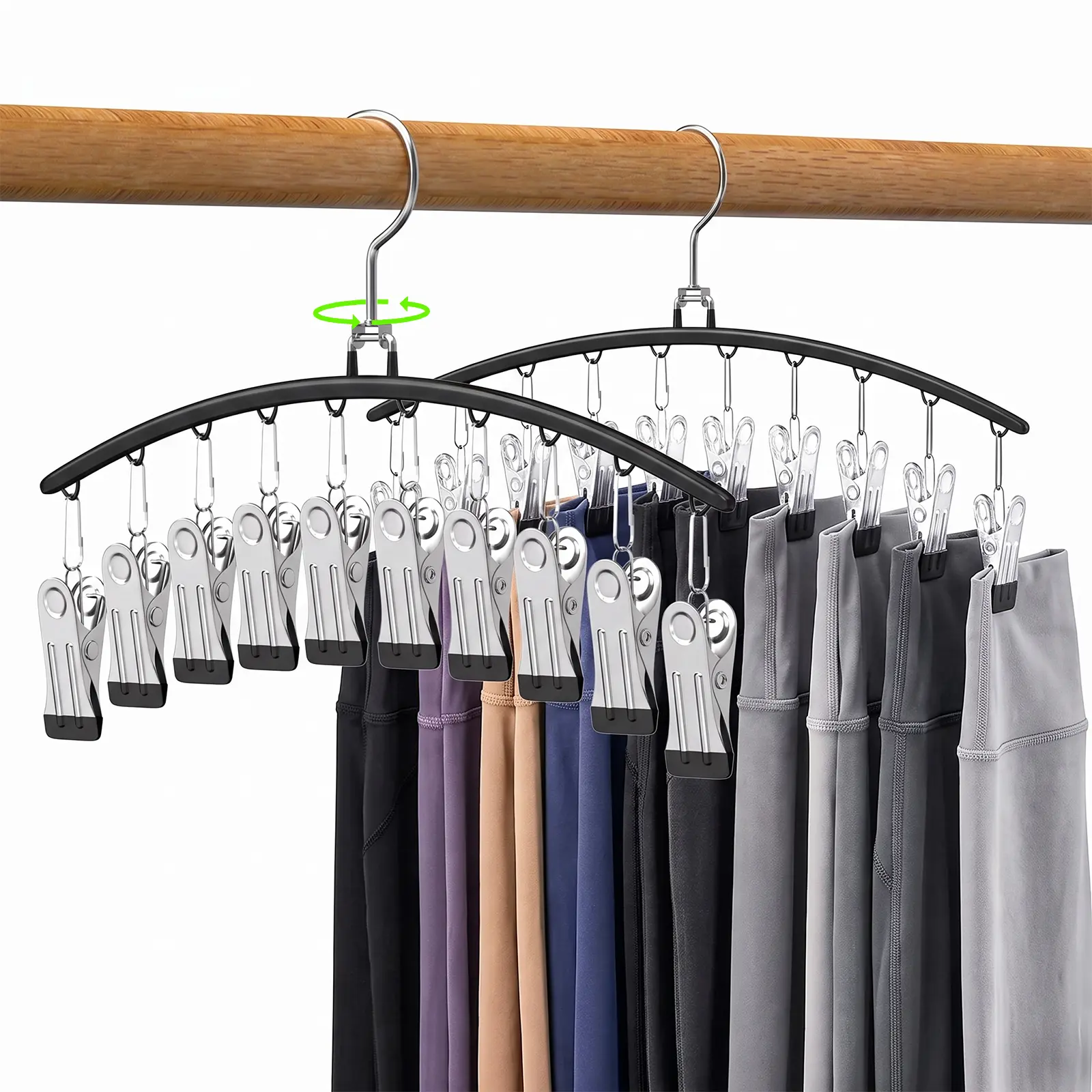 Legging Organizer Hangers, 2 Pack 360° Rotating Multi-Clip Pants Hangers with Adjustable Non-Slip Clips, Space Saving Closet Organizer for Leggings, Yoga Pants, Skirts, Shorts & Trousers