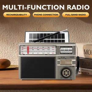 Multifunctional portable radio supporting FM/AM/SW multi‑band reception, equipped with a solar charging panel, Bluetooth/USB flash drive/TF card multi‑mode playback, long battery life and high volume, stable signal—ideal for home decor and gifting. Gold c