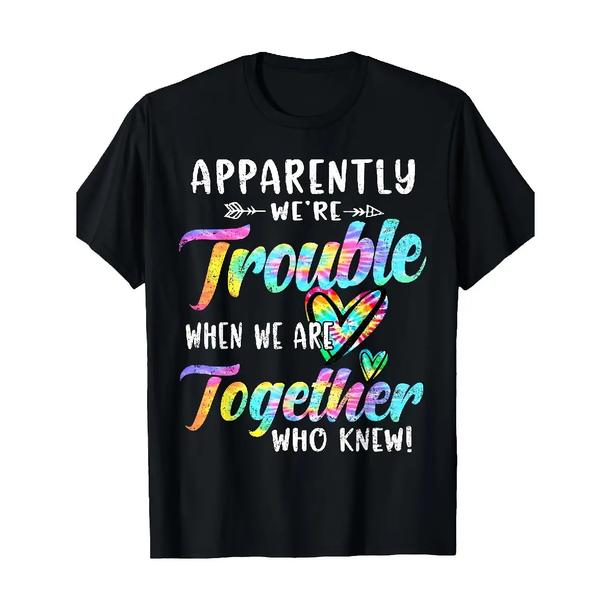 Unisex 100% Cotton Short-Sleeve T-Shirt, 'S & 'S Besties Matching Top with Rainbow Text Hearts, Funny "Apparently We're in Trouble When We'Re Together" Graphic, Soft Breathable Crew Neck Streetwear for Fitness Casual Wear (2026 Round)