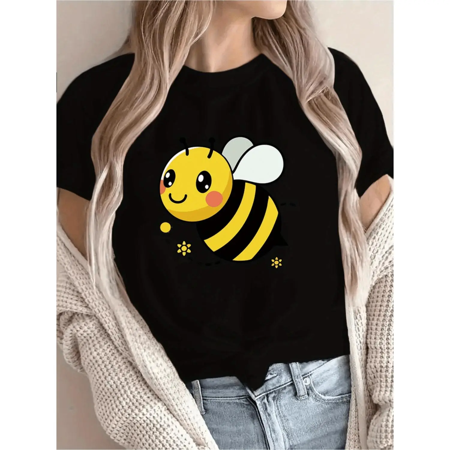Women's Casual Short Sleeve Cotton Printed Top - Cute Cartoon Bee & Floral Print, Vibrant Yellow, Breathable Round Neck Tee, Machine Washable, Versatile Streetwear/Vacation Outfit for Spring/Summer
