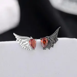 Women's 925 Sterling Silver Red Zircon Stud Earrings - Neo-Gothic Punk Earrings, Statement Gemstone Earrings, Angel Design Wing Feather Devil Jewelry Gift for Dropshipping
