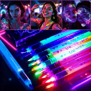 Temporary Tattoo Pens,Halloween Makeup Glow in The Dark Face Paint Markers 8 Colors, With Stencils, UV Neon Body Paint Pen for Skin Glow Under Black Light, Washable