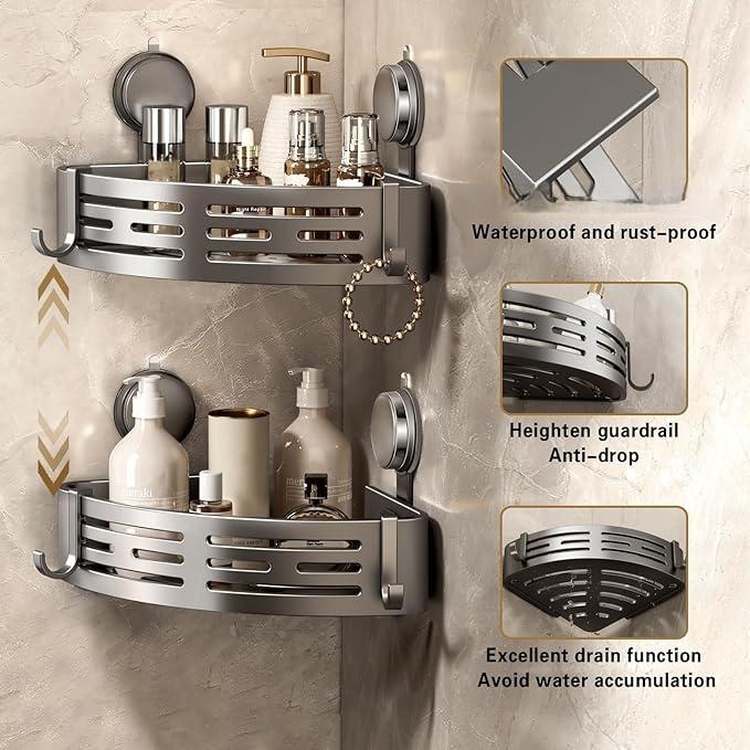 3-Pack Gun Gray ABS Triangular Suction Cup Shower Caddy 3-Tier Corner Shelves No Drilling Bathroom Organizer 40lbs Load Capacity Towels Hook Toiletries Storage Rack with 6 Towel Bar Hooks