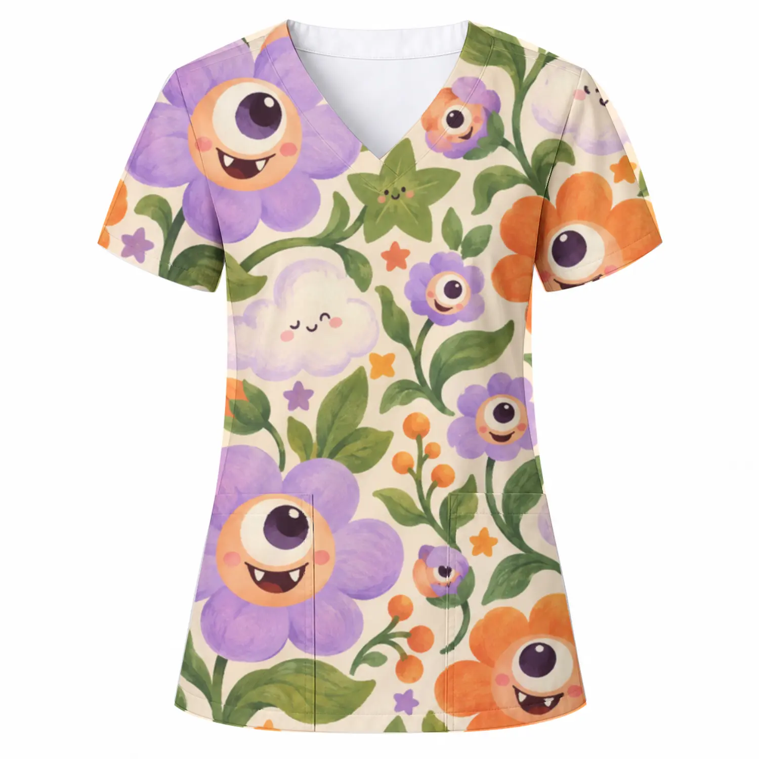 Halloween Nurse Scrub Top - Pastel Flowers & Eyeballs Print, V-Neck Short Sleeve Medical Scrubs with Dual Front Pockets