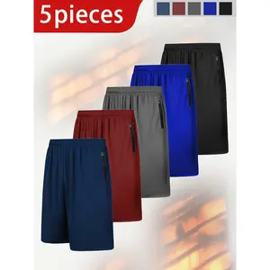 Men's Sports Mesh Shorts WU778583 - 5 Pairs with Zipper Pockets Breathable Quick-Dry Elastic Waist for Basketball Football and Outdoor Activities Polyester White Gray Red Blue Black Machine Washable