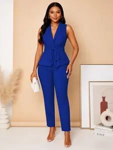 Blue Sleeveless Suit Jacket with Long Pants Matching Set, Fashionable Elegant Formal Evening, Perfect for Parties and Special Occasions