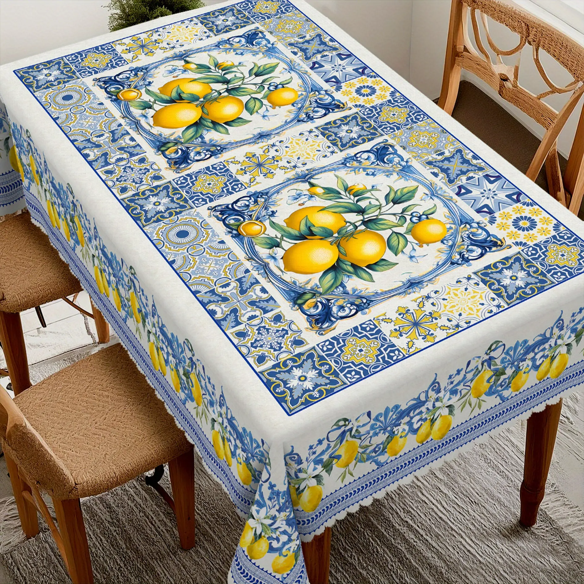 French Vintage Fashion Polyester Tablecloth - Lemon Tiles Mosaic & Flowers Design, Durable, Easy to Clean, Customizable, Machine Washable, Multi-Size, Fits Table Sizes, Ideal for Courtyard Meals, Home & Festive Decor Supplies