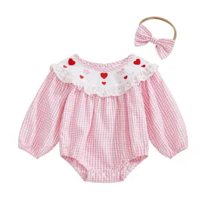 My First Valentines Day Smocked Bubble Sweatshirt Romper Newborn Baby Girl Heart Embroidered Plaid Long Sleeve Onesie Bodysuit Spring Summer Jumpsuit Playsuit