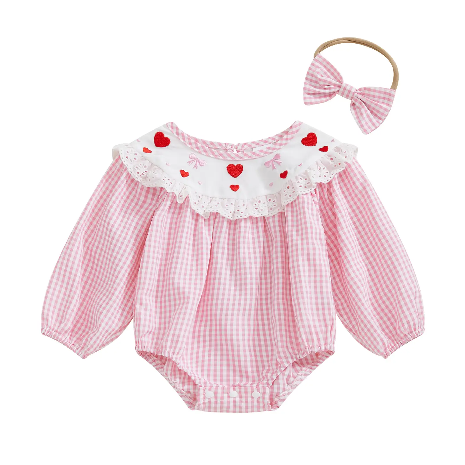 My First Valentines Day Smocked Bubble Sweatshirt Romper Newborn Baby Girl Heart Embroidered Plaid Long Sleeve Onesie Bodysuit Spring Summer Jumpsuit