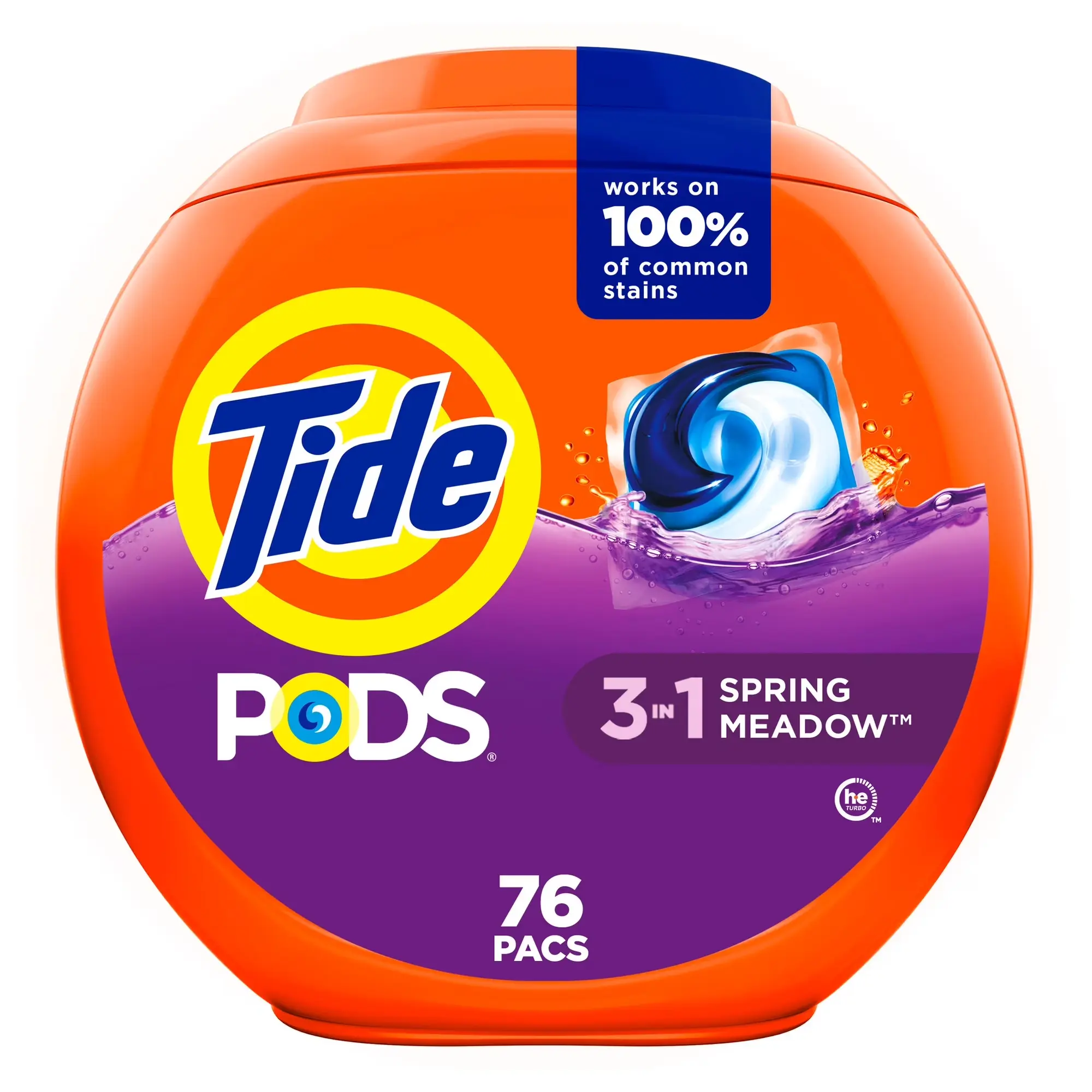 Laundry Detergent Pods, 3-in-1 Stain & Odor Fighter, Spring Meadow, 76 Count