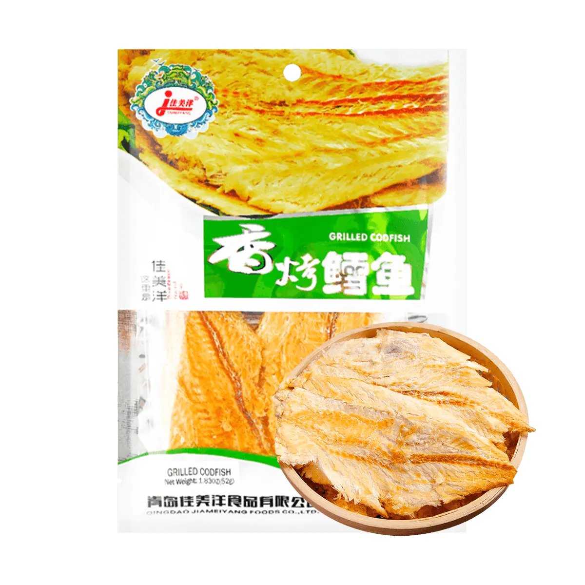 JIAMEIYANG Low Fat Roasted Cod Fish Snacks, High Protein, Healthy Keto Snack, 52g