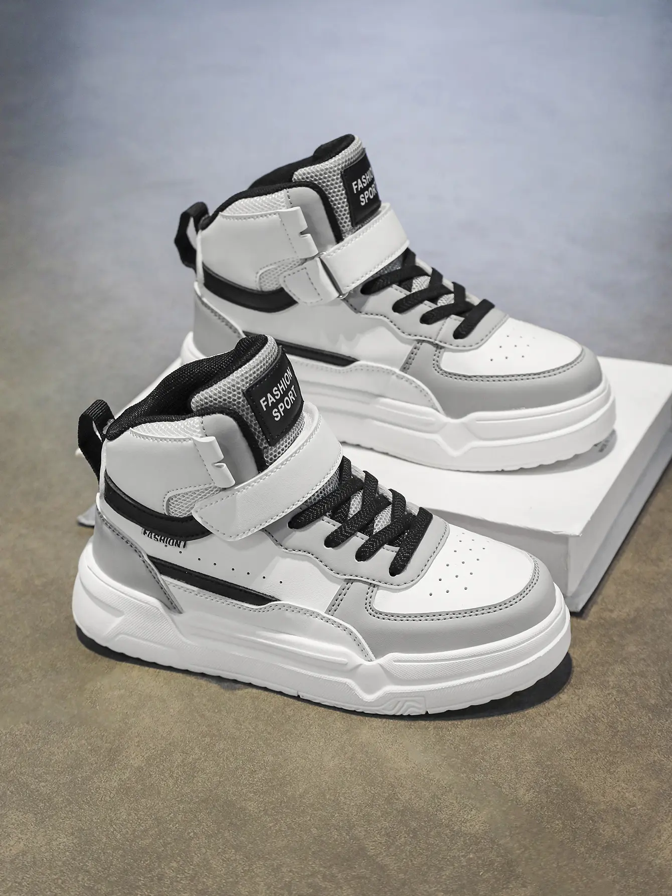 Kids' High - Top Sneakers, Gray - White - Black Color Block with Velcro, Daily Sports Wear
