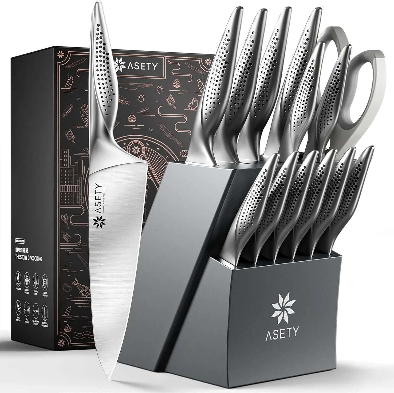 Premium Knife Set 15 PCS Stainless Steel Knife Set with Built-In Sharpener
