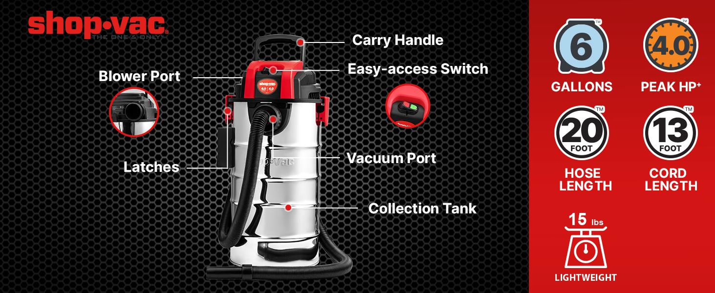 #backtoschool Shop-Vac 6 Gallon 4.0 Peak HP Wet/Dry Vacuum, Wall Mountable Compact Shop Vacuum with Up to 20 ft Extra Long Hose & Accessories - Ideal for Jobsite, Garages, Car & Workshops