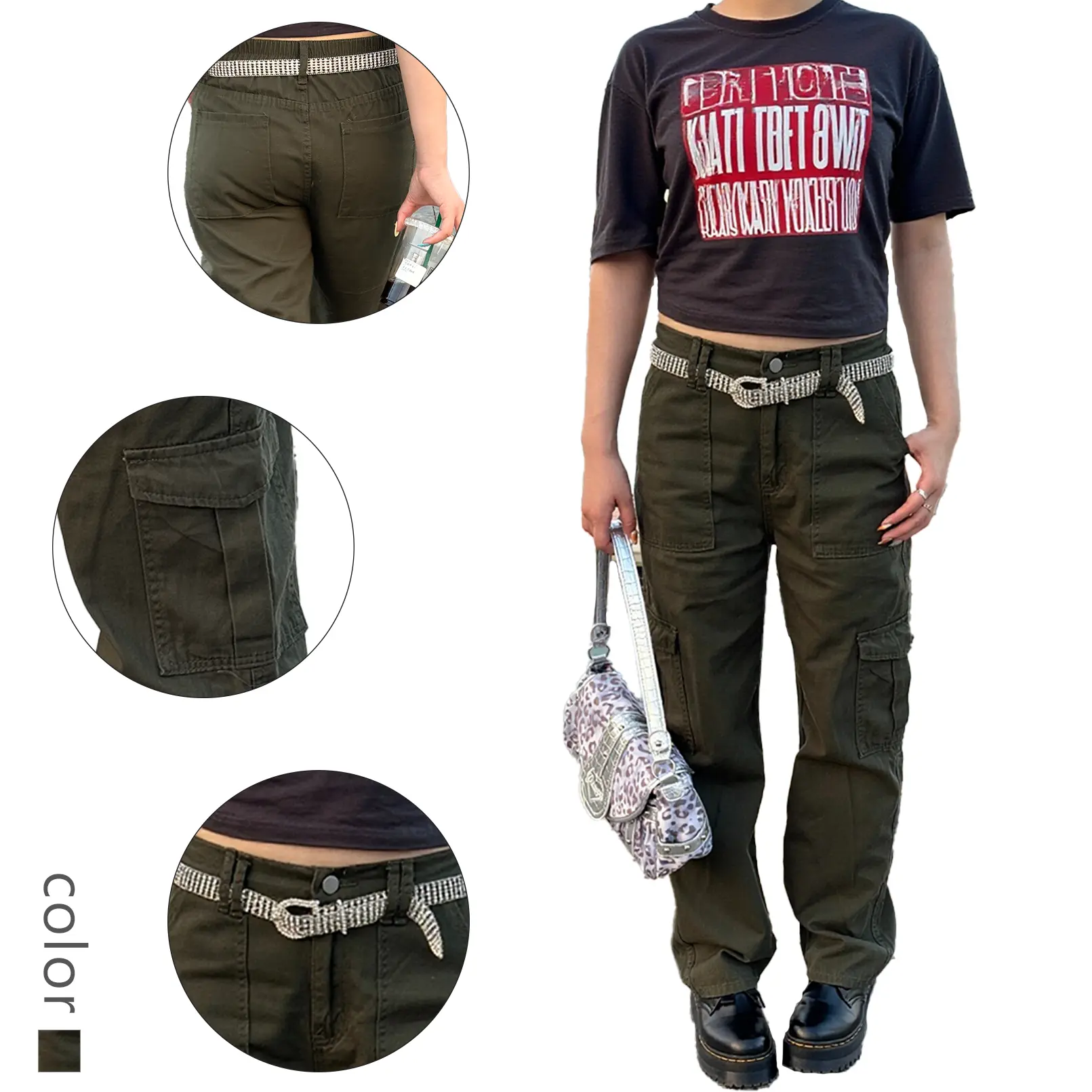 Women's Olive Green Cargo Wide Leg Jeans - Loose Fit Utility Denim Pants with Edgy Street Style