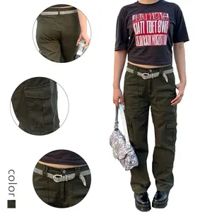 Women's Olive Green Cargo Wide Leg Jeans - Loose Fit Utility Denim Pants with Edgy Street Style