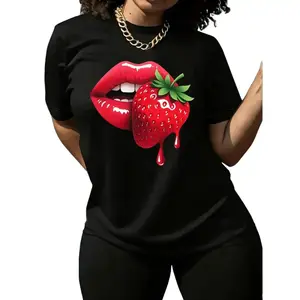Casual T Shirt Featuring Strawberry Lip Print Comfortable Fit Short Sleeve Machine Washable Ideal for Spring Summer and Fall Perfect Gift for Sisters