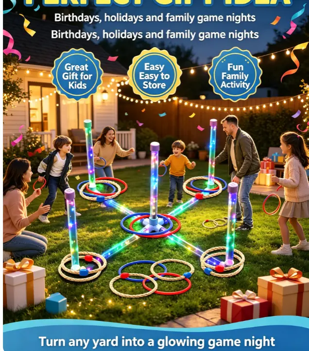LED Light Up Ring Toss Game Set, Waterproof Glow In Dark Throwing Ring Toy with 3 Flash Modes, Easy Assembly Indoor Outdoor Lawn Game for Kids Adults Family Backyard Camping Beach Party