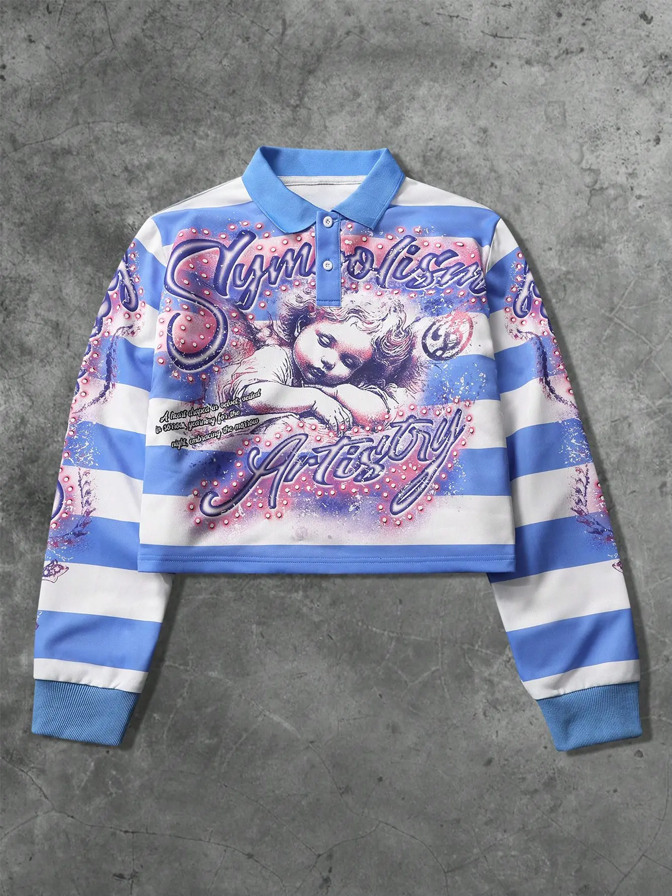 Y2K blue striped Fitted Long Sleeves Menswear, Vintage Clothing Men, polo shirt with angel graphic and cross print, Bold graphic street style, edgy everyday outfits