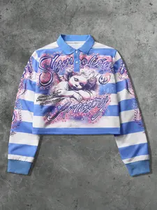 Y2K blue striped Fitted Long Sleeves Menswear, Vintage Clothing Men, polo shirt with angel graphic and cross print, Bold graphic street style, edgy everyday outfits