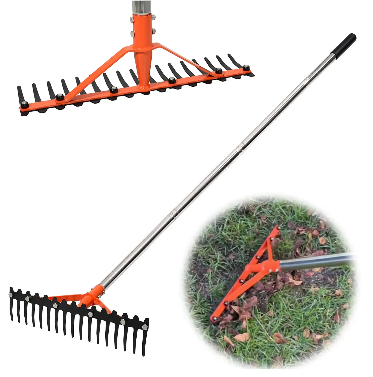 CKLT 62in Graden Rake – 17 Spring-Steel Tines, Adjustable Stainless Handle, Heavy-Duty for Leaf Cleanup & Soil Loosening