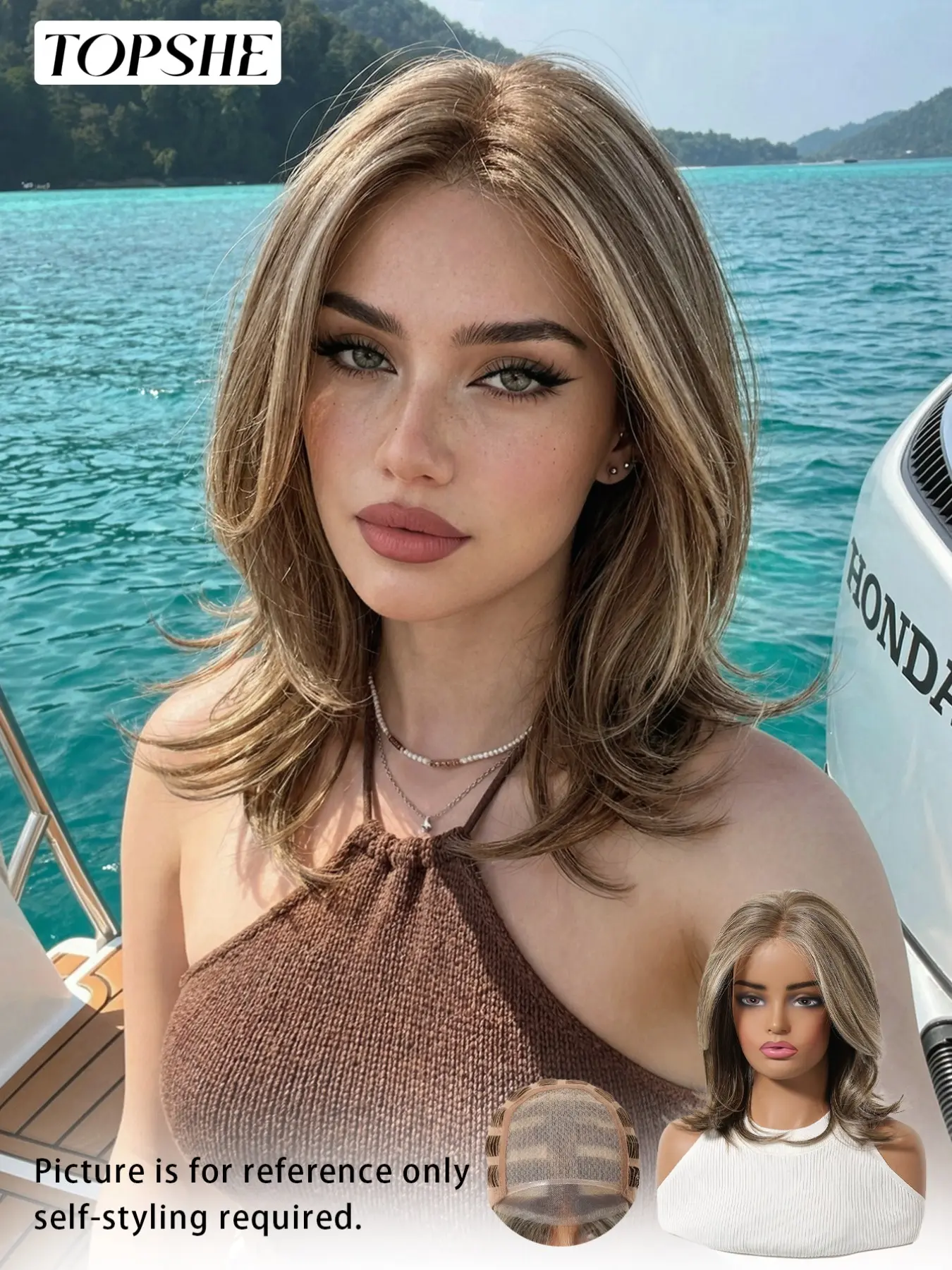 Topshe Mono Lace Front Highlight Brown Layered Wavy Bob Wig Synthetic Hair Pre-Plucked Natural Hairline Soft Silky Heat Resistant Wig for Women Daily Party