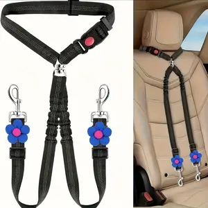 Double Dog Safety Harness, New Pet Car Headrest Restraint Belt, Anti-Tangle Dog Leash, Adjustable Elastic Strap, Suitable for Two Dogs, No Tangle Leash