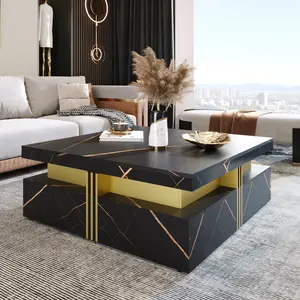 Modern marble square four-drawer storage coffee table with gold embellishment, showing luxury, durable, practical and stylish