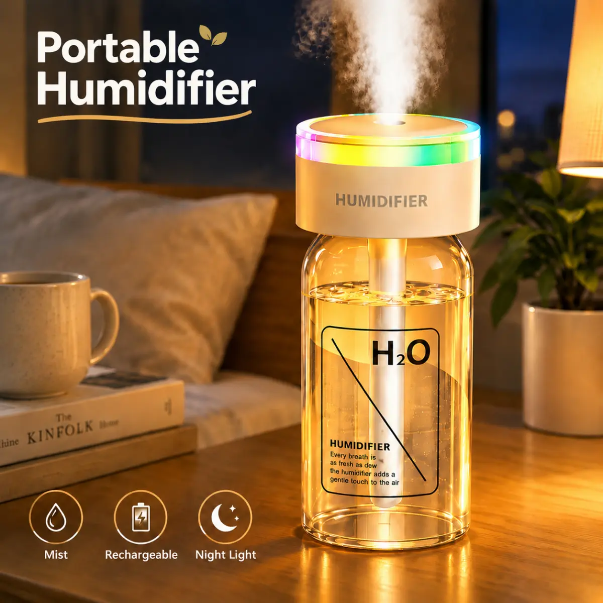 Portable Mini USB Humidifier, Colorful 7-Color LED Light, Quiet Cool Mist with 2 Spray Modes, Compact Personal Humidifier for Bedroom, Desk, Office & Car